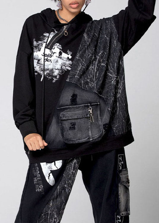 Italienische Schwarze Kapuzen Patchwork Baumwolle Lose Sweatshirts Top Frühling