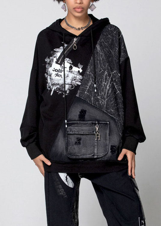 Italienische Schwarze Kapuzen Patchwork Baumwolle Lose Sweatshirts Top Frühling