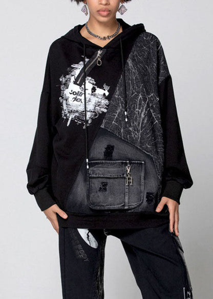 Italienische Schwarze Kapuzen Patchwork Baumwolle Lose Sweatshirts Top Frühling