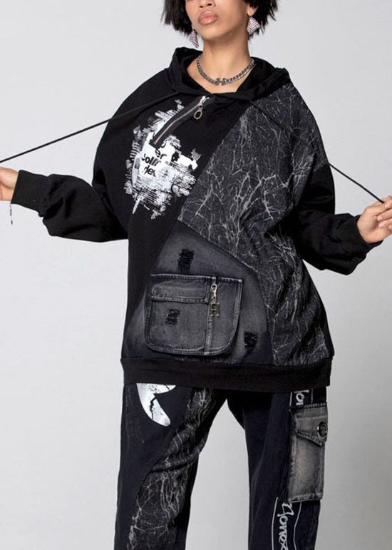 Italienische Schwarze Kapuzen Patchwork Baumwolle Lose Sweatshirts Top Frühling