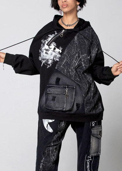 Italienische Schwarze Kapuzen Patchwork Baumwolle Lose Sweatshirts Top Frühling