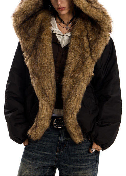 Italienischer schwarzer Kapuzenmantel mit Patchwork-Design, Kunstpelzfüllung und Baumwollfüllung, Winter