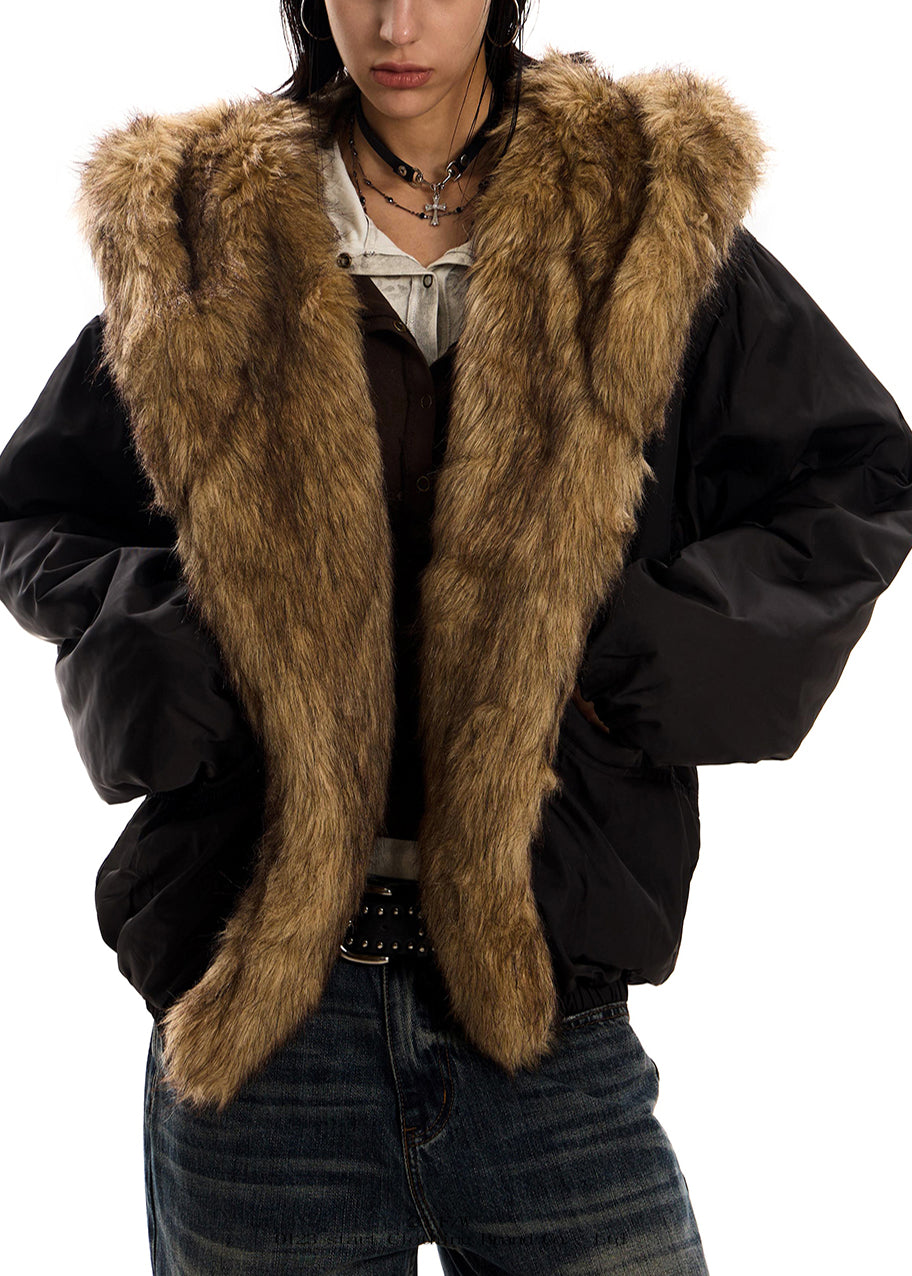 Italienischer schwarzer Kapuzenmantel mit Patchwork-Design, Kunstpelzfüllung und Baumwollfüllung, Winter