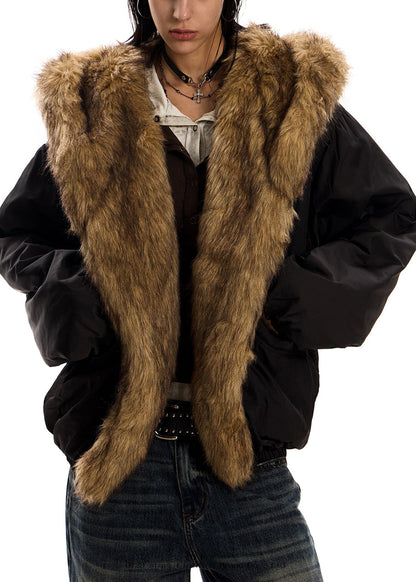 Italienischer schwarzer Kapuzenmantel mit Patchwork-Design, Kunstpelzfüllung und Baumwollfüllung, Winter