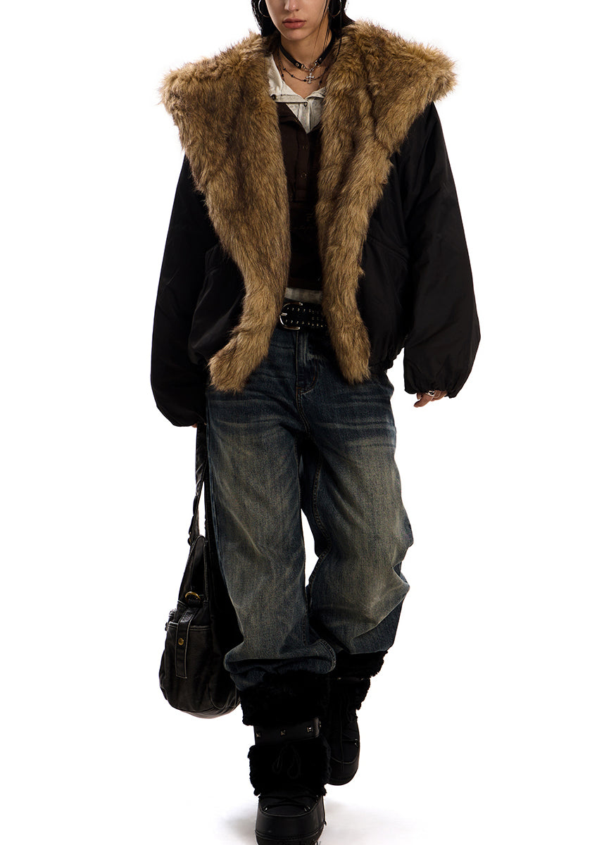 Italienischer schwarzer Kapuzenmantel mit Patchwork-Design, Kunstpelzfüllung und Baumwollfüllung, Winter