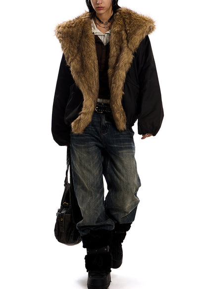 Italienischer schwarzer Kapuzenmantel mit Patchwork-Design, Kunstpelzfüllung und Baumwollfüllung, Winter