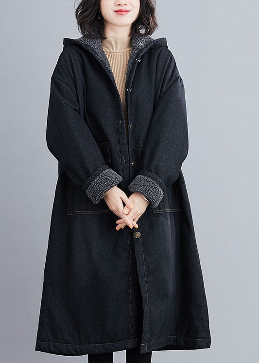 Italienischer schwarzer Winter-Jeansparka mit Kapuze und Taschen, Fleece-Wollfutter