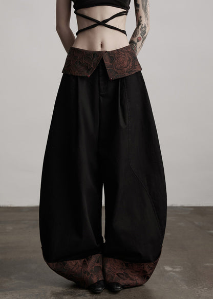 Pantalones anchos italianos de algodón con patchwork jacquard negro para primavera