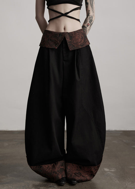 Pantalones anchos italianos de algodón con patchwork jacquard negro para primavera