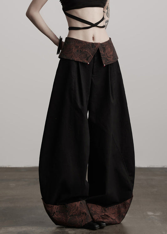 Pantalones anchos italianos de algodón con patchwork jacquard negro para primavera
