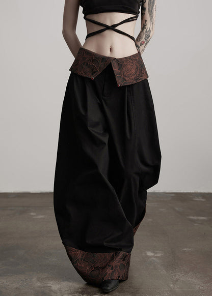 Pantalones anchos italianos de algodón con patchwork jacquard negro para primavera