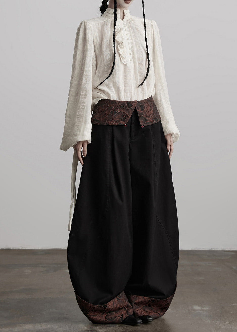 Pantalones anchos italianos de algodón con patchwork jacquard negro para primavera