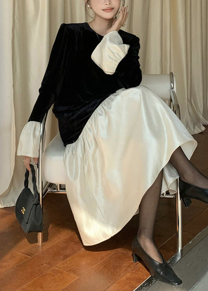 Vestido largo italiano de terciopelo de seda con cuello redondo y mangas acampanadas, color negro