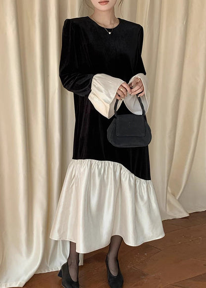 Vestido largo italiano de terciopelo de seda con cuello redondo y mangas acampanadas, color negro
