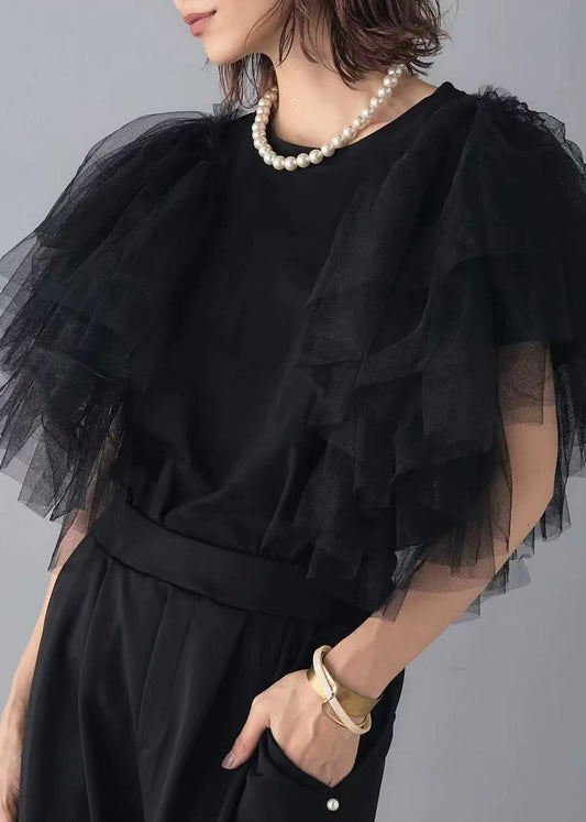 Italian Black O-Neck Patchwork Tulle Shirts Summer