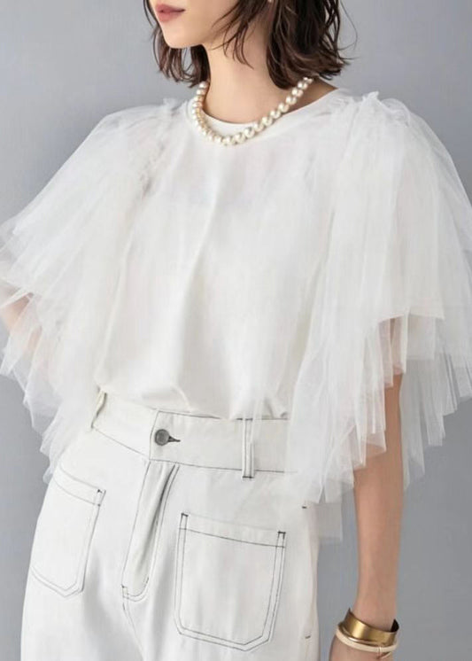 Italian Black O-Neck Patchwork Tulle Shirts Summer