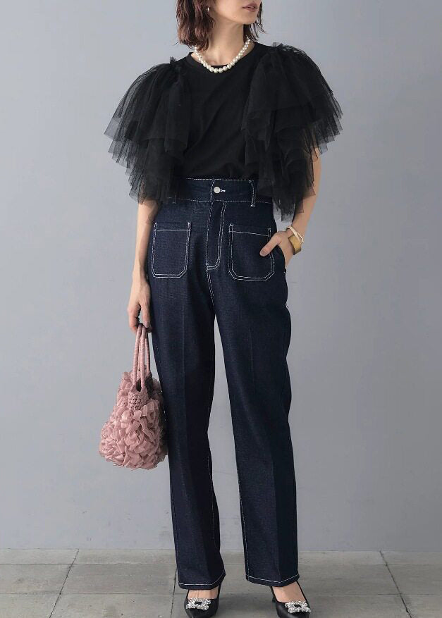 Italian Black O-Neck Patchwork Tulle Shirts Summer