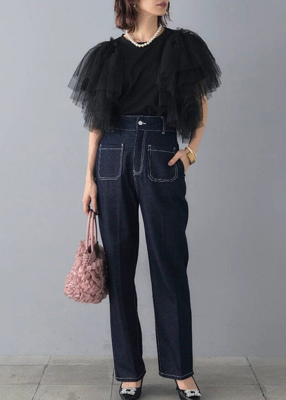 Italian Black O-Neck Patchwork Tulle Shirts Summer