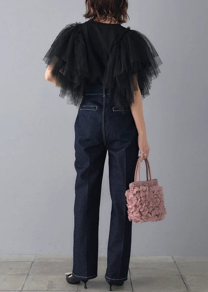 Italian Black O-Neck Patchwork Tulle Shirts Summer