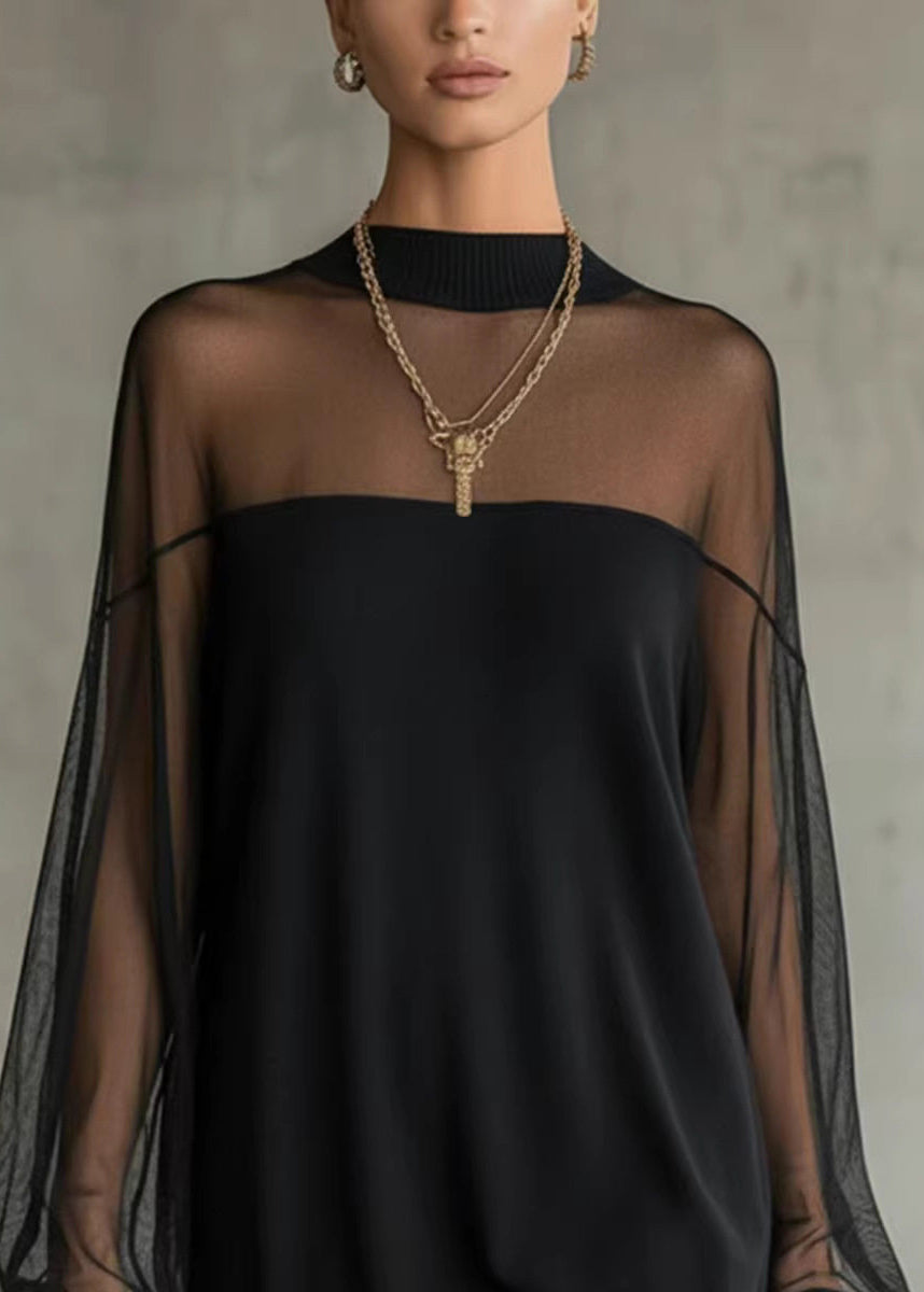 Italian Black O-Neck Tulle Patchwork Mid Dresses Fall