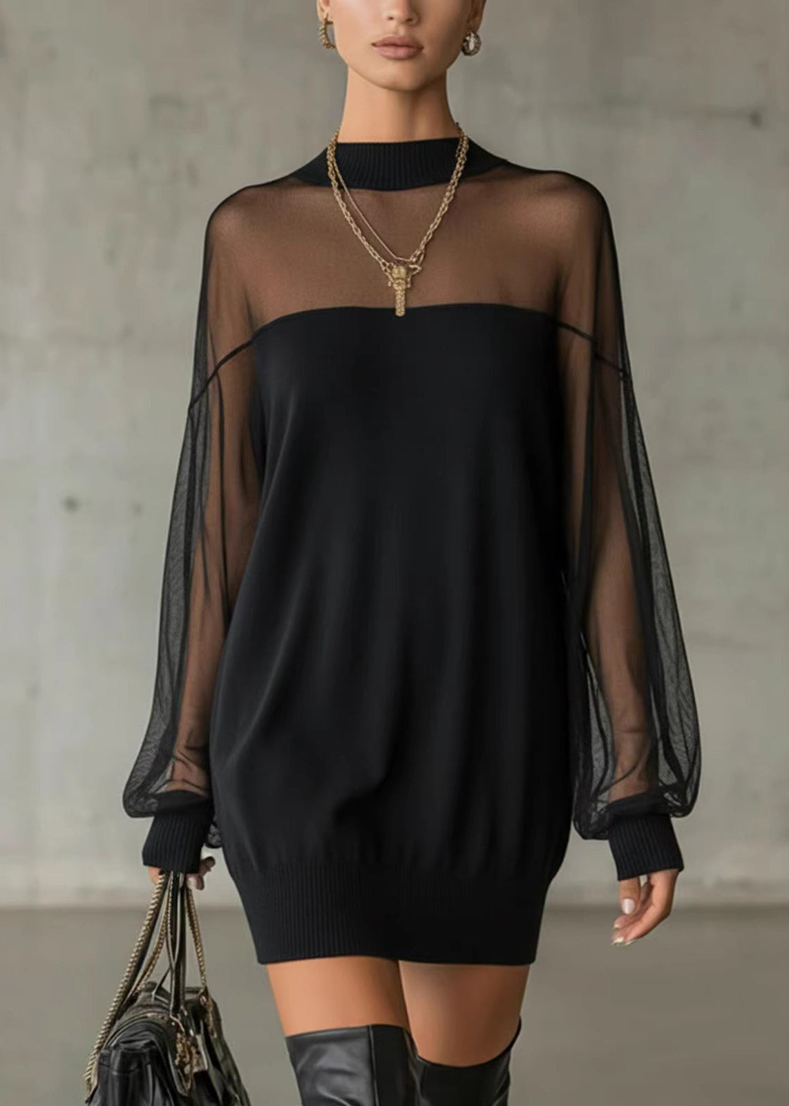 Italian Black O-Neck Tulle Patchwork Mid Dresses Fall