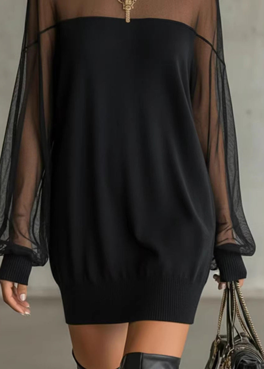 Italian Black O-Neck Tulle Patchwork Mid Dresses Fall