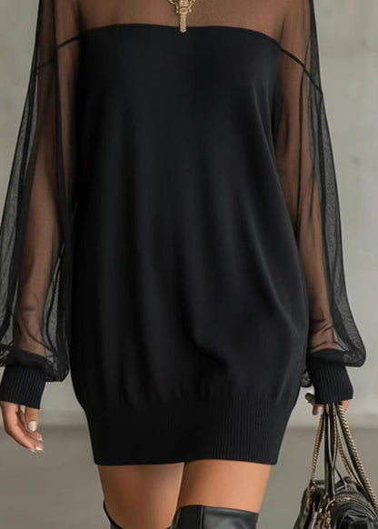 Italian Black O-Neck Tulle Patchwork Mid Dresses Fall