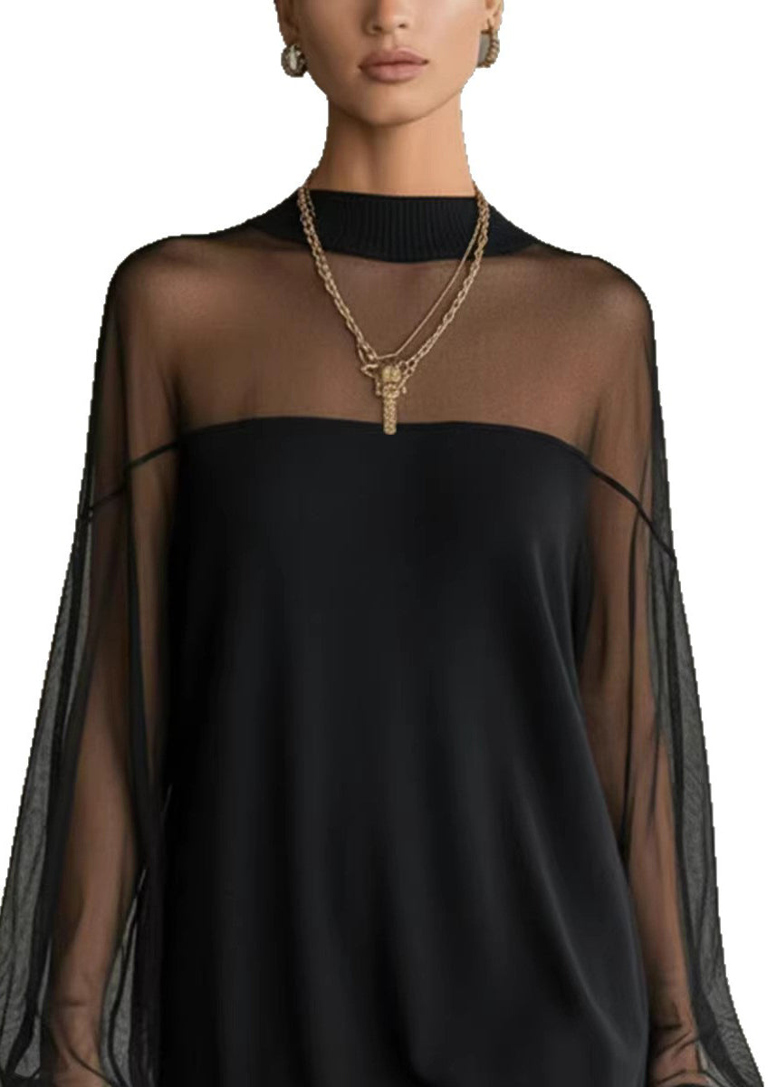 Italian Black O-Neck Tulle Patchwork Mid Dresses Fall