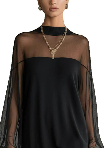 Italian Black O-Neck Tulle Patchwork Mid Dresses Fall