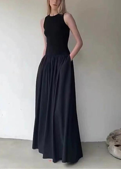 Italian Black Patchwork Silm Robe Dresses Sleeveless