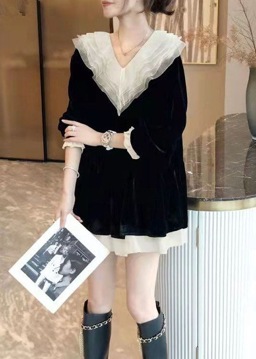 Italienische schwarze Patchwork-Velours-Minikleider Frühling