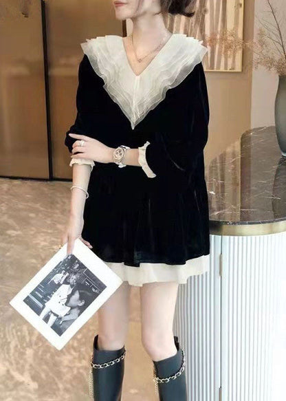 Italienische schwarze Patchwork-Velours-Minikleider Frühling