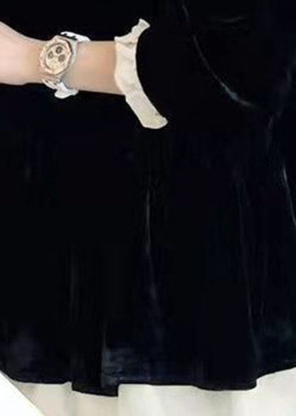 Italienische schwarze Patchwork-Velours-Minikleider Frühling