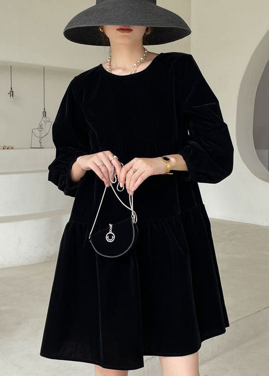 Italienisches schwarzes Patchwork-Velours-Urlaubskleid für den Frühling