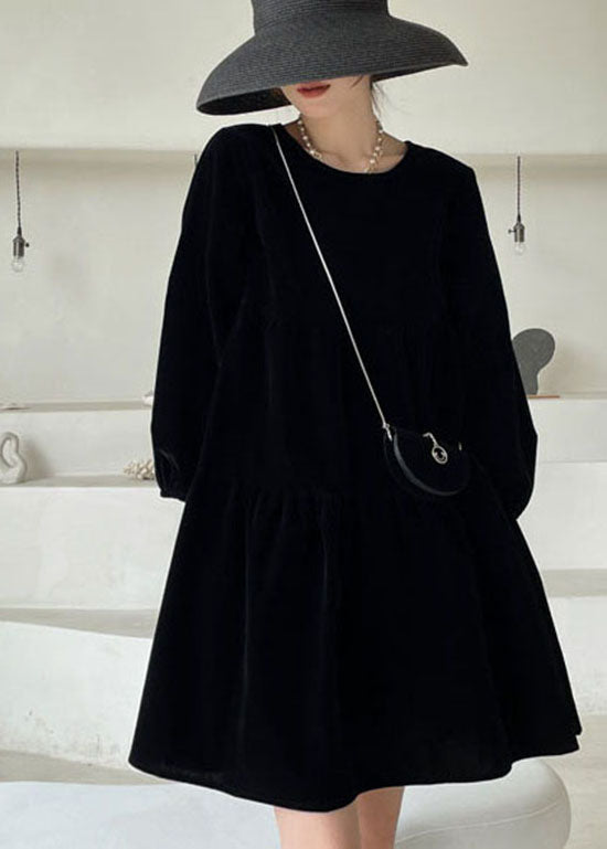 Italienisches schwarzes Patchwork-Velours-Urlaubskleid für den Frühling