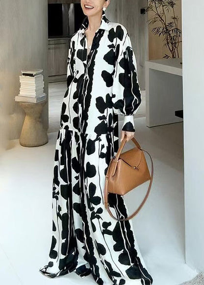 Italian Black Peter Pan Collar Print Shirts Dresses Fall