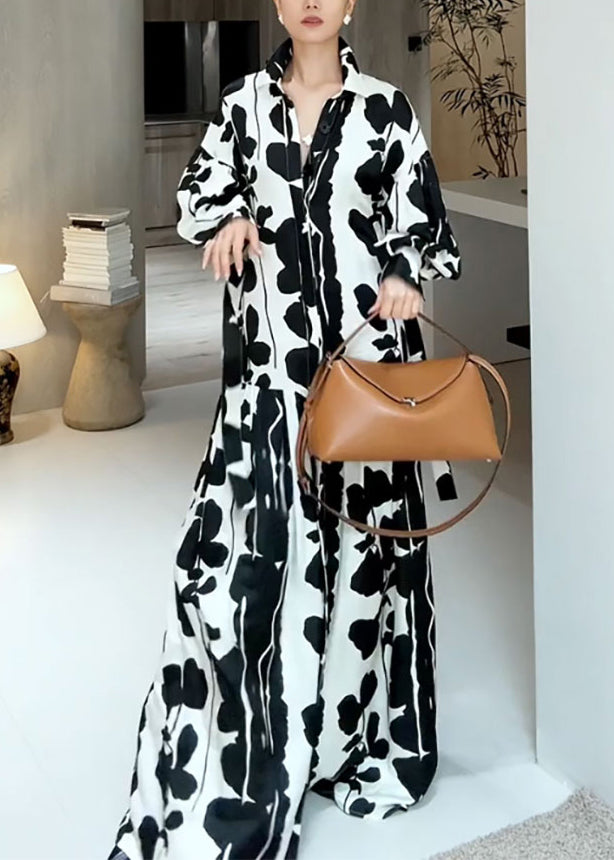 Italian Black Peter Pan Collar Print Shirts Dresses Fall