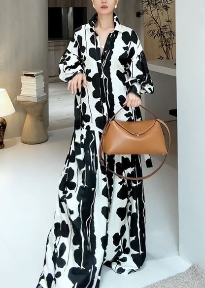 Italian Black Peter Pan Collar Print Shirts Dresses Fall