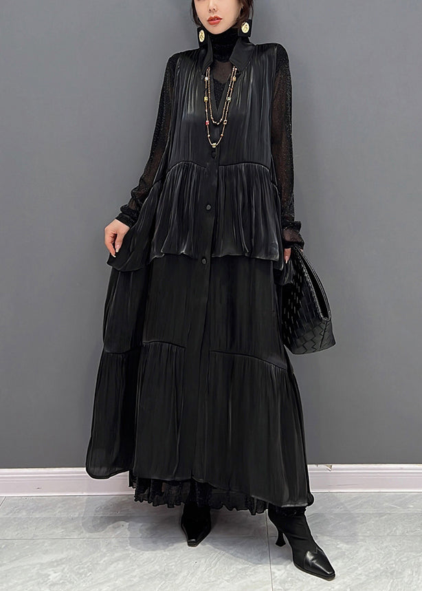 Italienische Schwarze Peter Pan Kragen Falten Knopf Satin Maxi Kleider Herbst