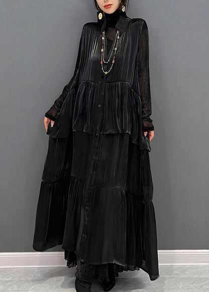 Italienische Schwarze Peter Pan Kragen Falten Knopf Satin Maxi Kleider Herbst