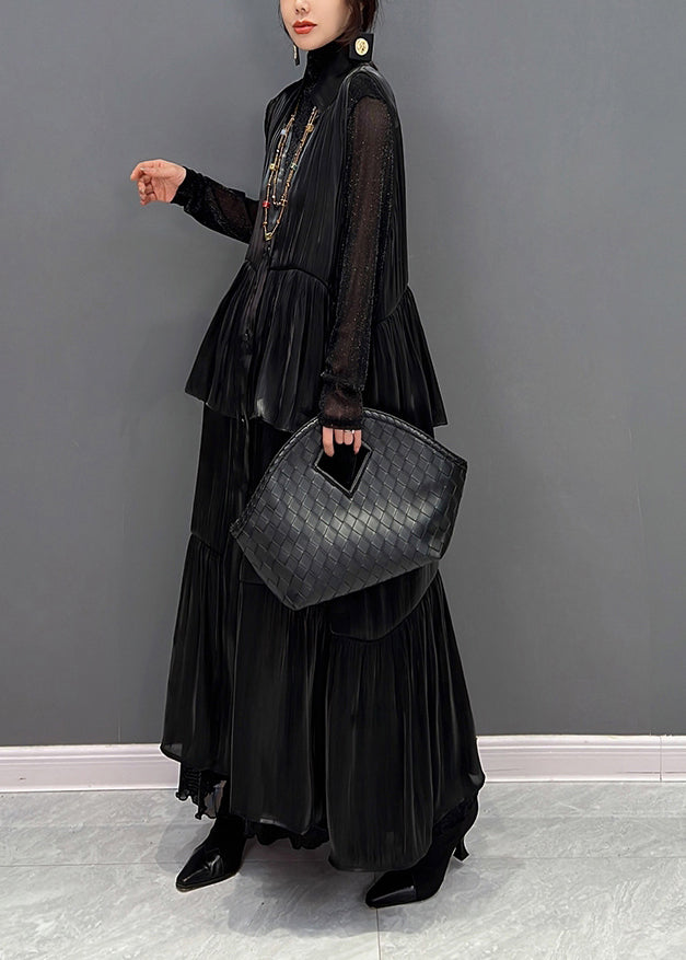 Italienische Schwarze Peter Pan Kragen Falten Knopf Satin Maxi Kleider Herbst