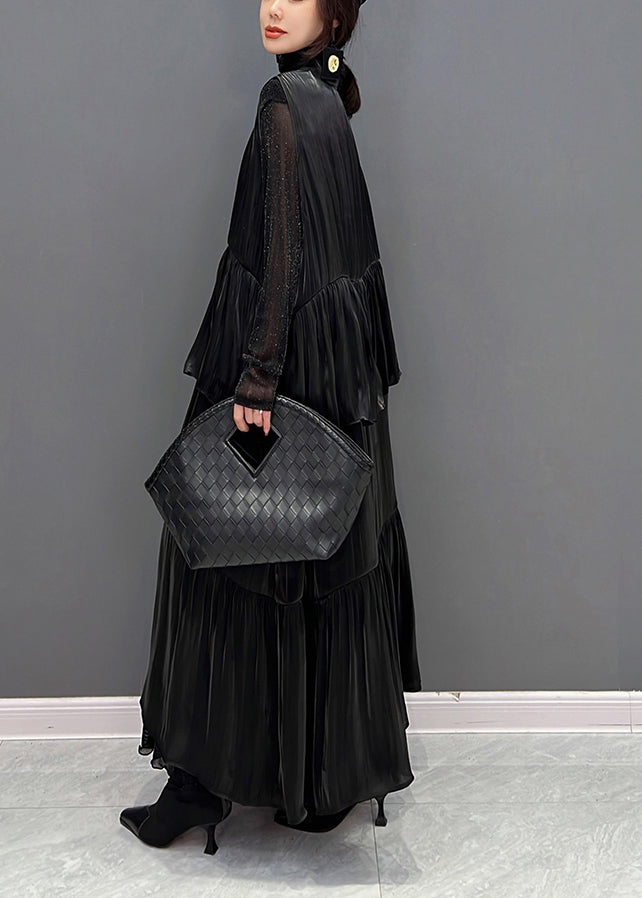 Italienische Schwarze Peter Pan Kragen Falten Knopf Satin Maxi Kleider Herbst