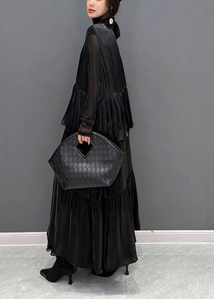 Italienische Schwarze Peter Pan Kragen Falten Knopf Satin Maxi Kleider Herbst