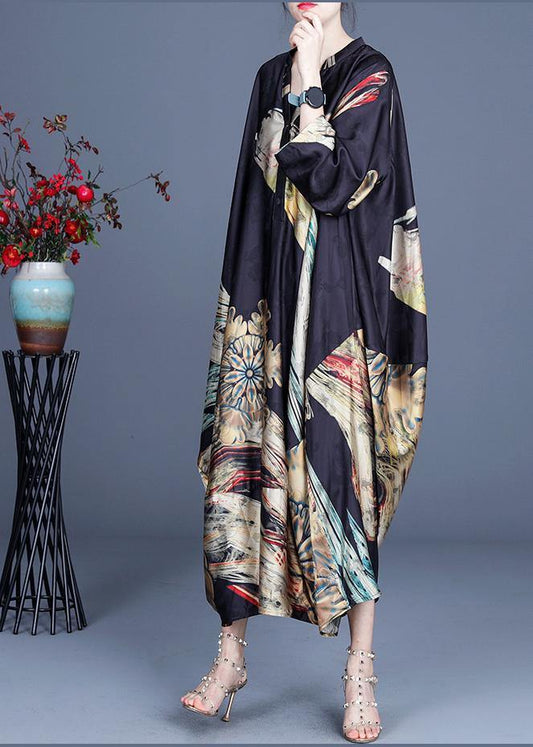 Italian Black Print Button Summer Spring Chiffon Dress - SooLinen