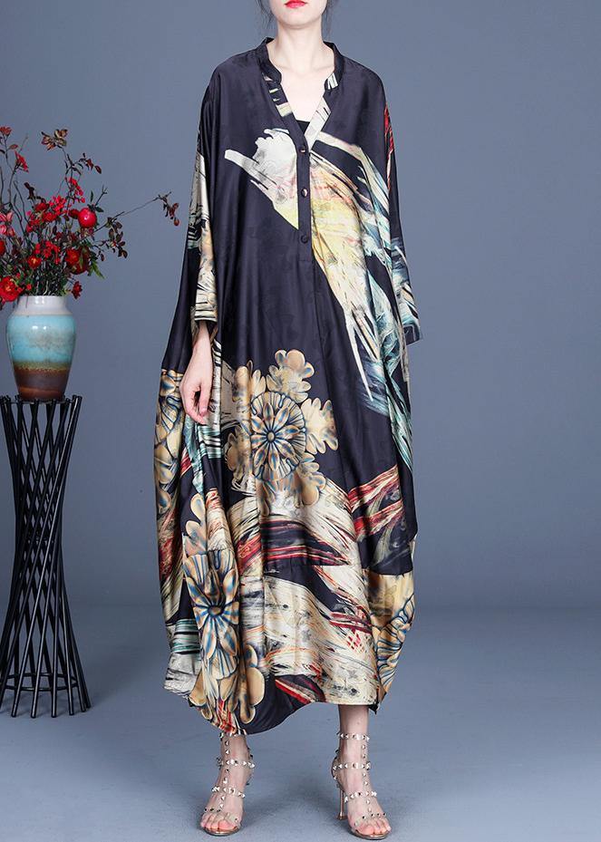 Italian Black Print Button Summer Spring Chiffon Dress - SooLinen