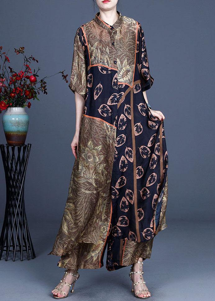 Italian Black Print Button long shirts Wide Leg Two-Piece Set - SooLinen