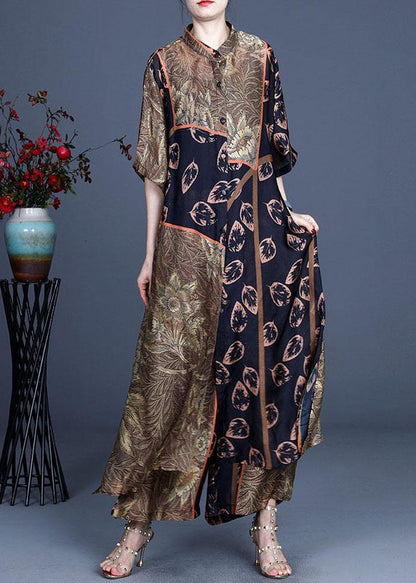 Italian Black Print Button long shirts Wide Leg Two-Piece Set - SooLinen