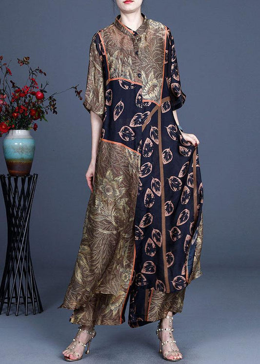 Italian Black Print Button long shirts Wide Leg Two-Piece Set - SooLinen