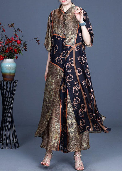 Italian Black Print Button long shirts Wide Leg Two-Piece Set - SooLinen