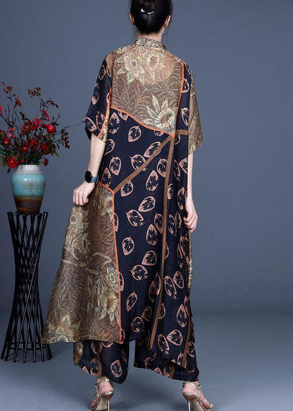 Italian Black Print Button long shirts Wide Leg Two-Piece Set - SooLinen